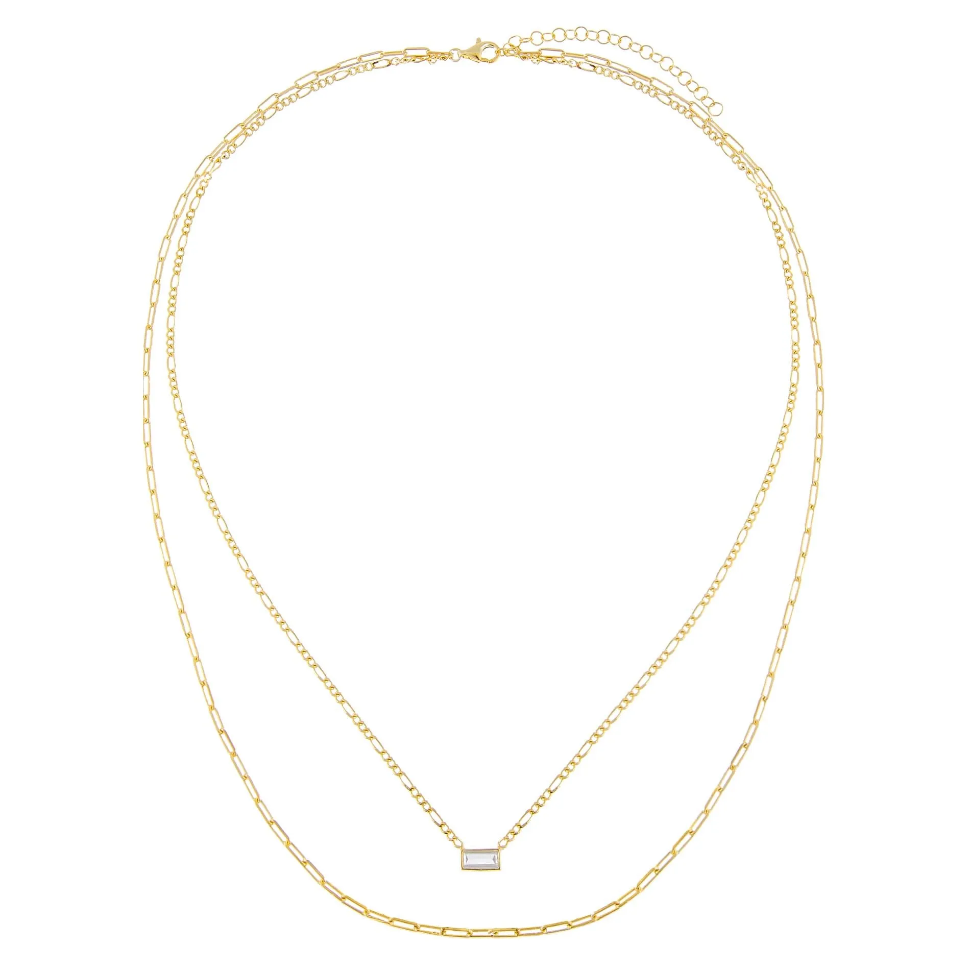 CZ Baguette Figaro X Oval Link Necklace