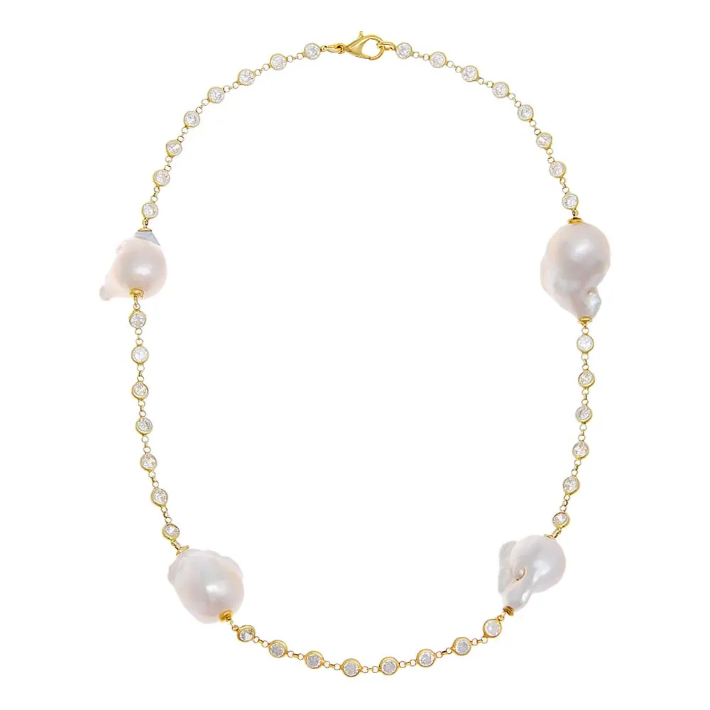 CZ Bezel Chain Baroque Pearl Necklace