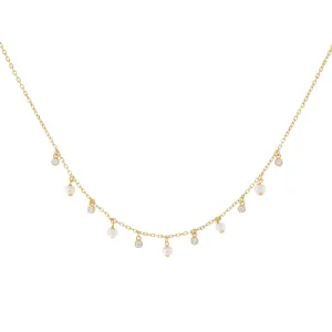 CZ Bezel x Pearl Dangling Necklace