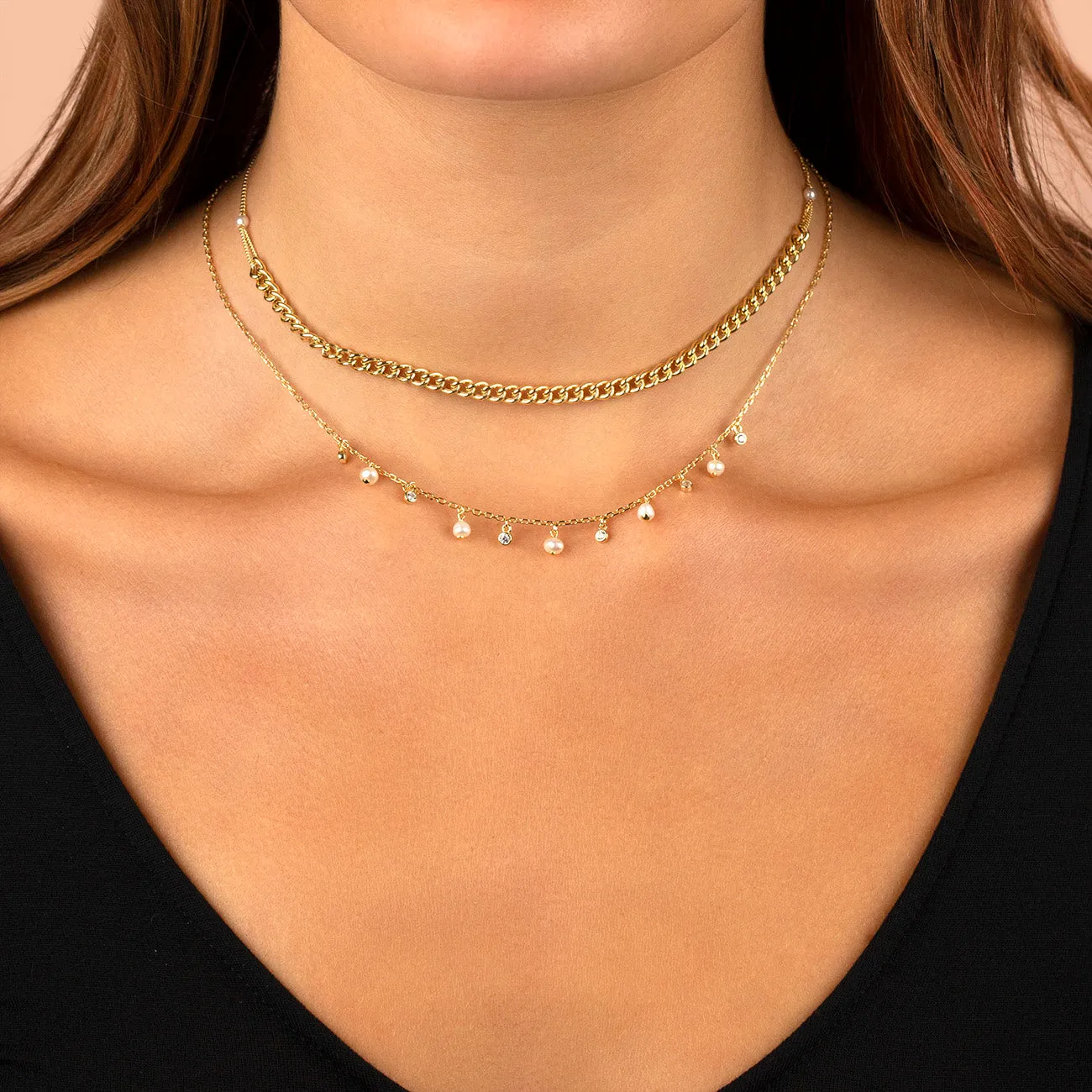 CZ Bezel x Pearl Dangling Necklace