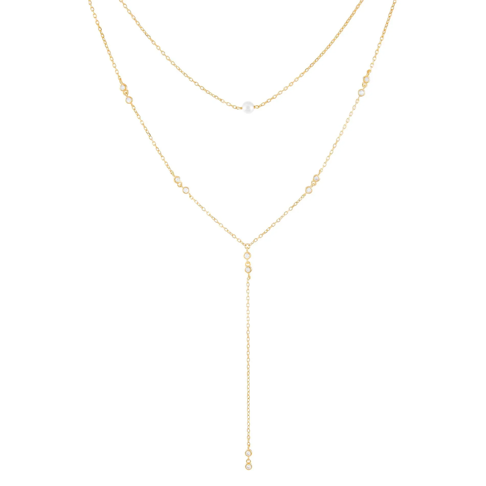 CZ Bezel X Pearl Lariat