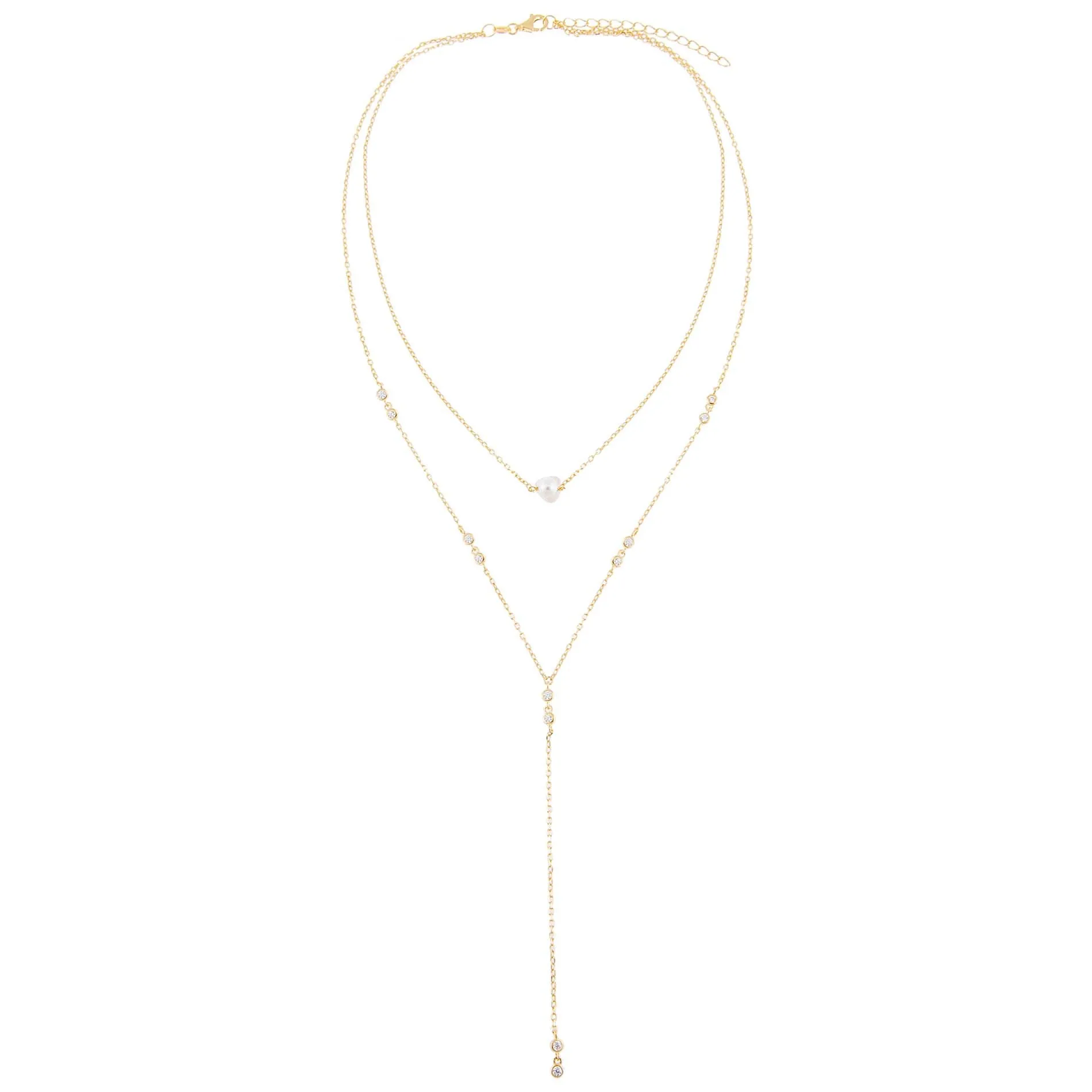 CZ Bezel X Pearl Lariat