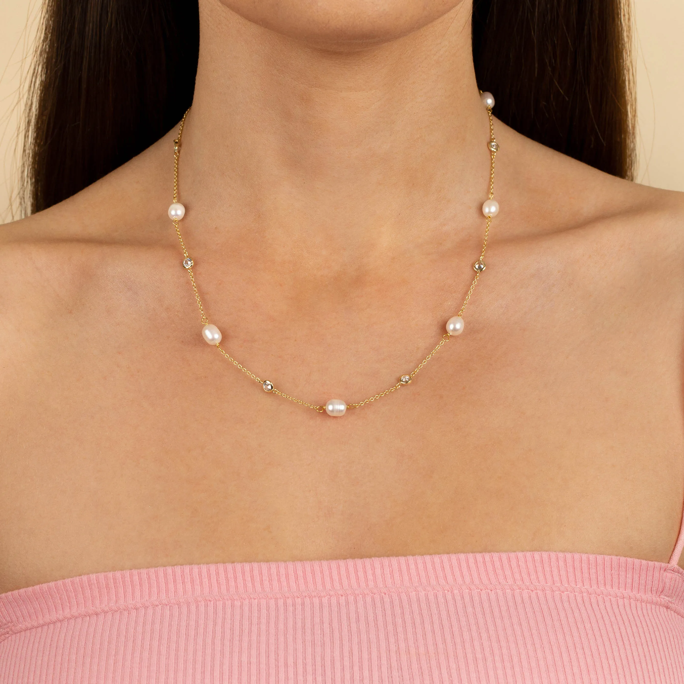 CZ Bezel X Pearl Necklace