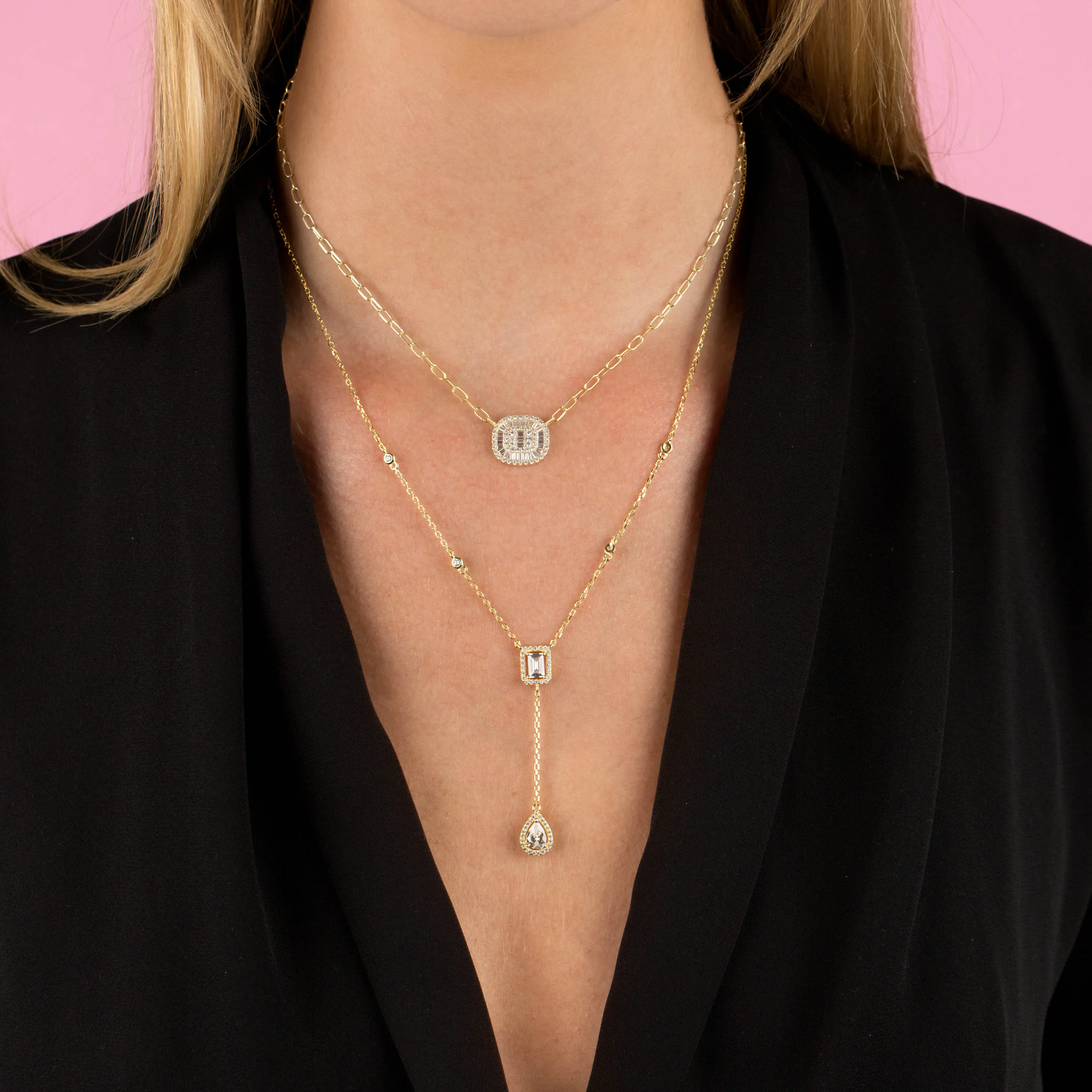 CZ Colored Illusion Baguette Link Necklace