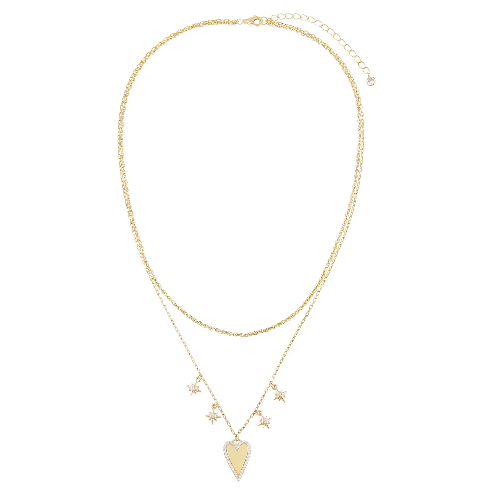 CZ Heart X Starburst Double Chain Necklace