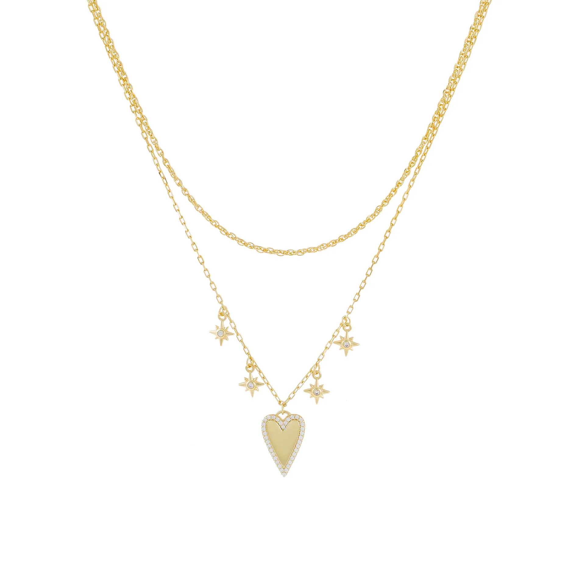 CZ Heart X Starburst Double Chain Necklace