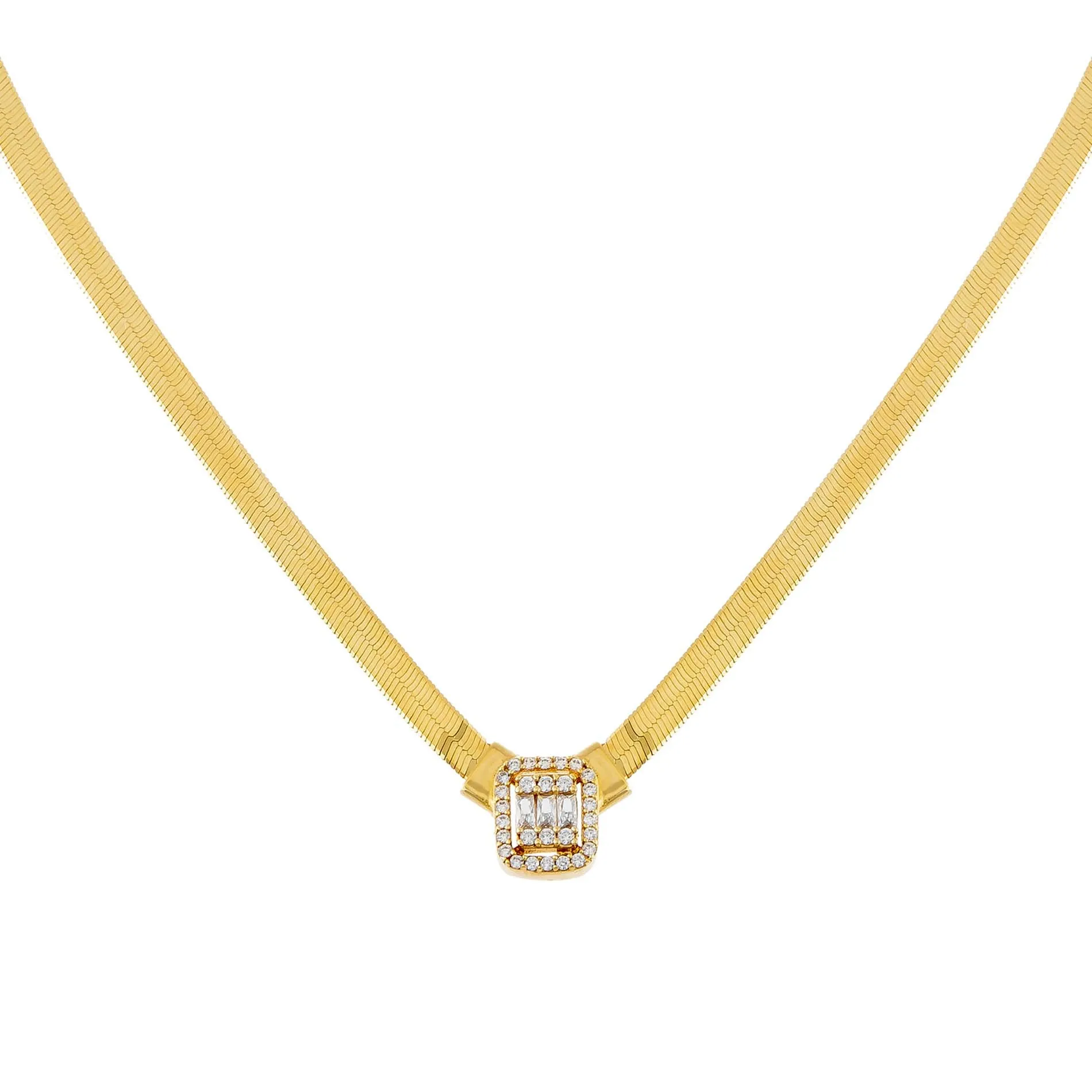 CZ Illusion Baguette Herringbone Necklace 14K