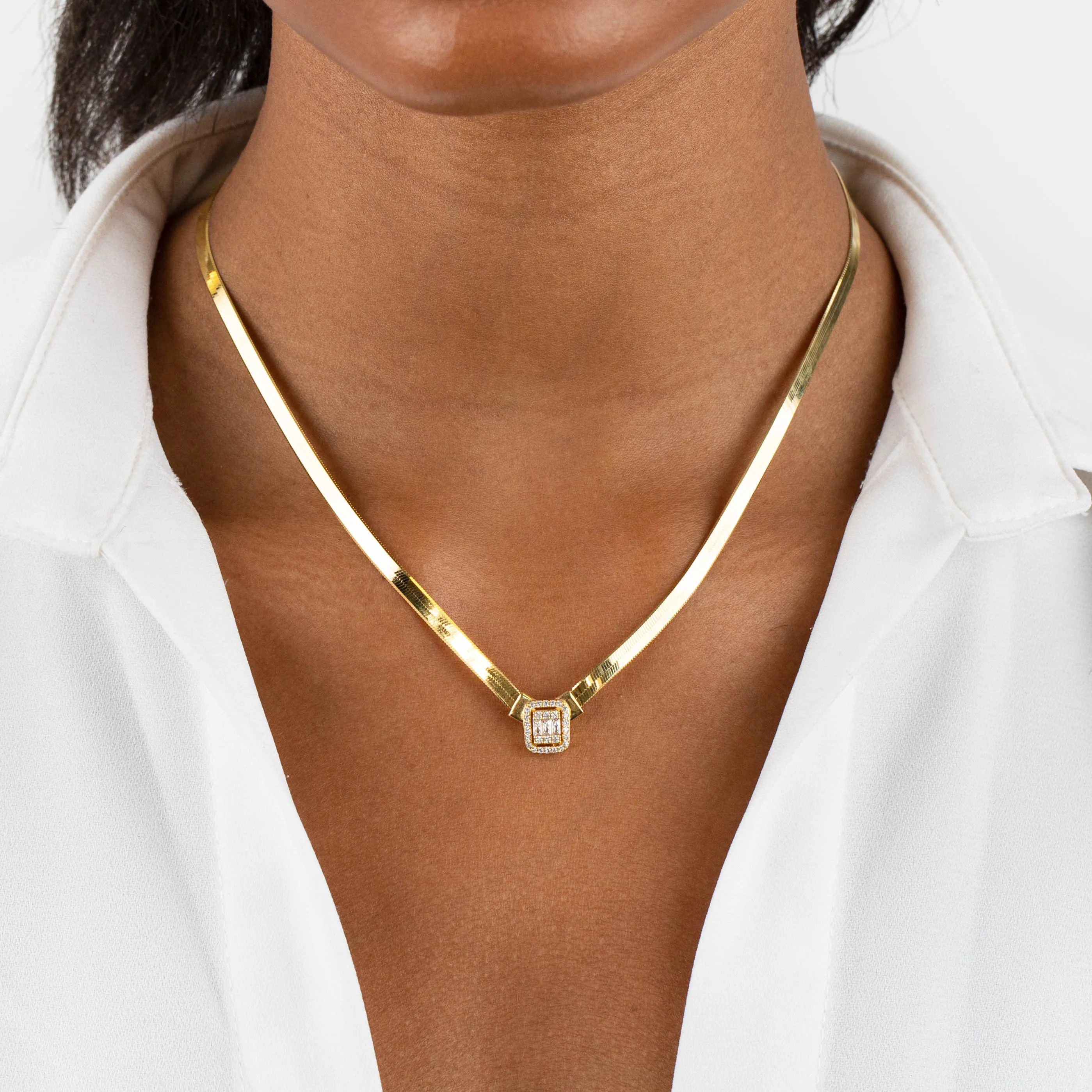 CZ Illusion Baguette Herringbone Necklace 14K