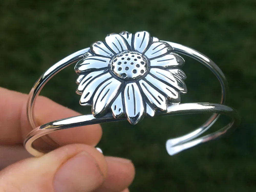 Daisy Flower Cuff Bracelet Sterling Silver