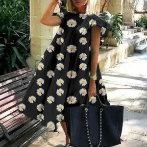 Daisy Polka Dots Print Dress Women V-neck Vintage