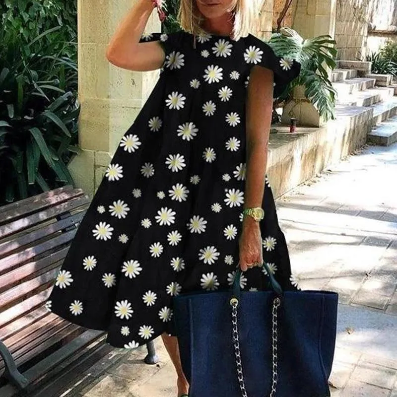 Daisy Polka Dots Print Dress Women V-neck Vintage