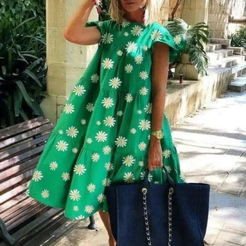 Daisy Polka Dots Print Dress Women V-neck Vintage