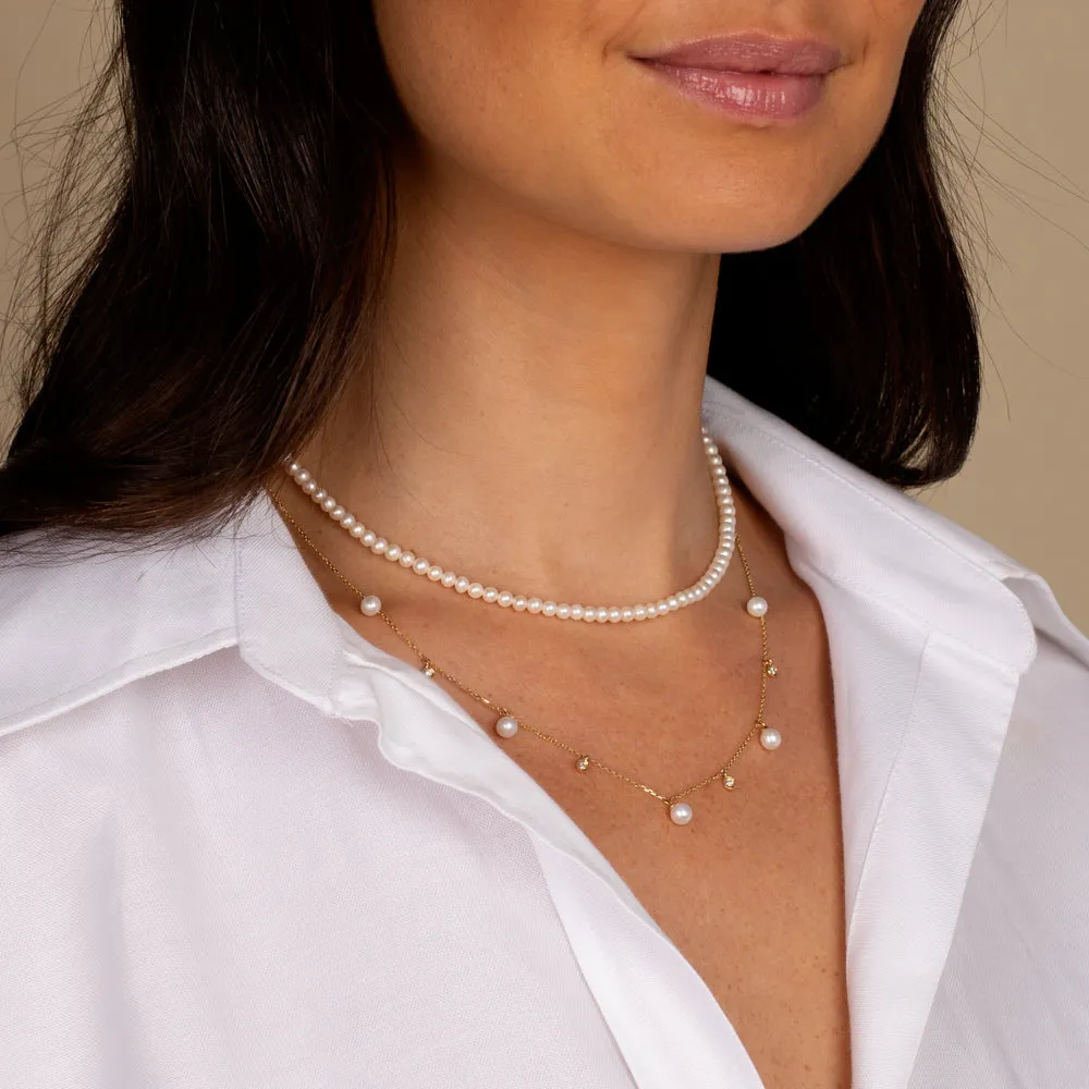 Dangling Diamond Bezel X Pearl Necklace 14K