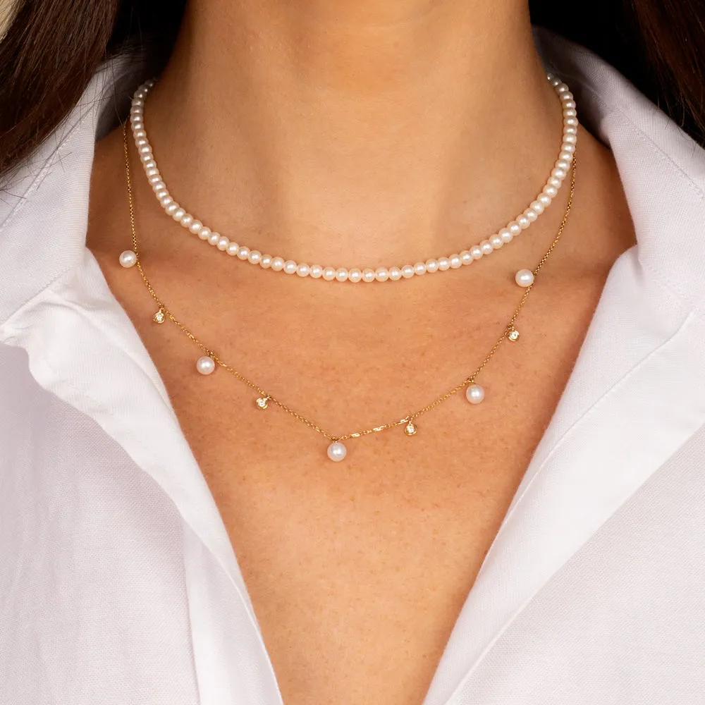 Dangling Diamond Bezel X Pearl Necklace 14K