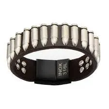 Dark Brown Leather & Steel Bullet Bracelet