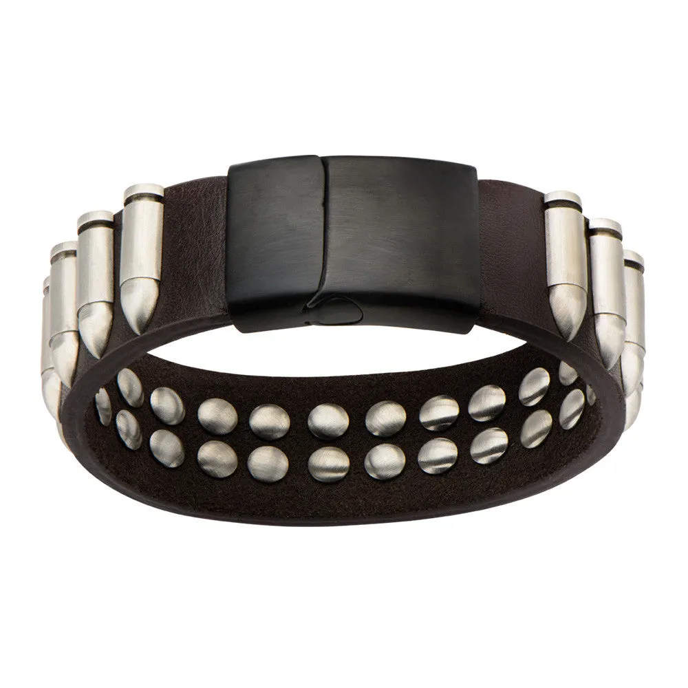 Dark Brown Leather & Steel Bullet Bracelet