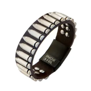 Dark Brown Leather & Steel Bullet Bracelet