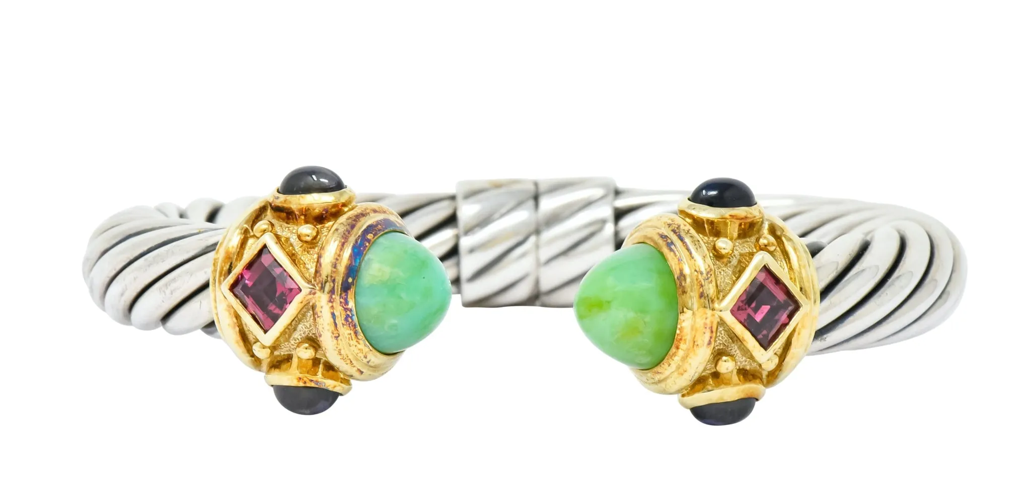 David Yurman Chrysoprase Iolite Garnet 14 Karat Gold Sterling Silver Renaissance Cuff Bracelet