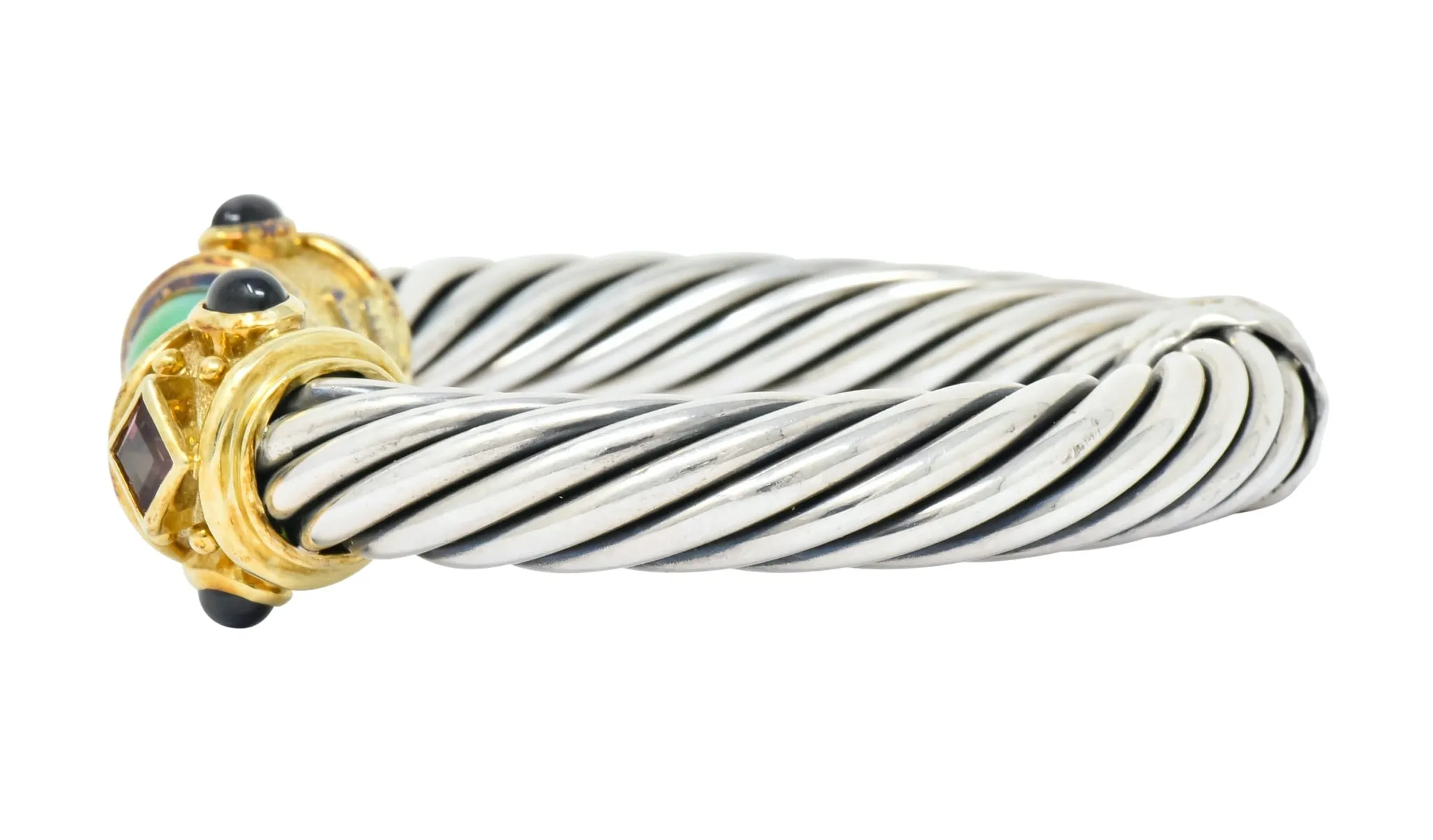 David Yurman Chrysoprase Iolite Garnet 14 Karat Gold Sterling Silver Renaissance Cuff Bracelet