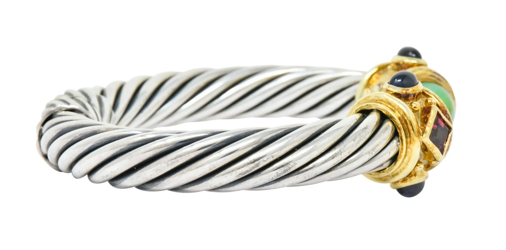 David Yurman Chrysoprase Iolite Garnet 14 Karat Gold Sterling Silver Renaissance Cuff Bracelet
