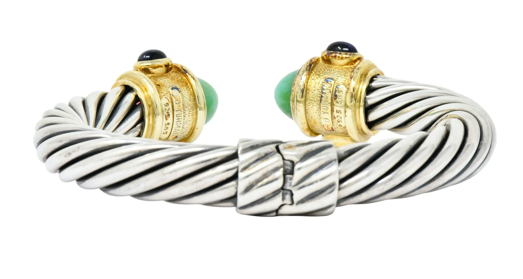 David Yurman Chrysoprase Iolite Garnet 14 Karat Gold Sterling Silver Renaissance Cuff Bracelet