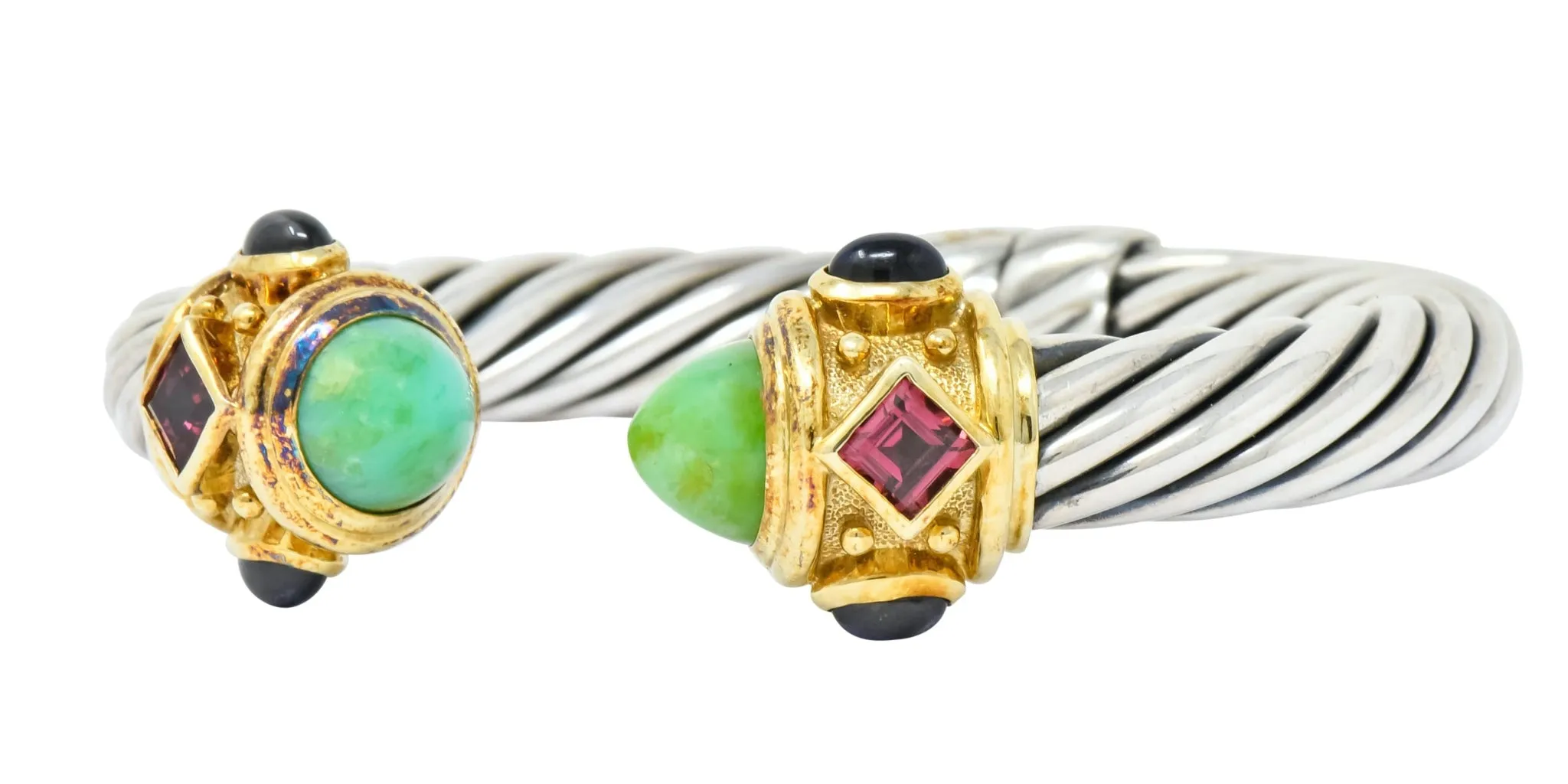 David Yurman Chrysoprase Iolite Garnet 14 Karat Gold Sterling Silver Renaissance Cuff Bracelet