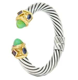 David Yurman Chrysoprase Iolite Garnet 14 Karat Gold Sterling Silver Renaissance Cuff Bracelet