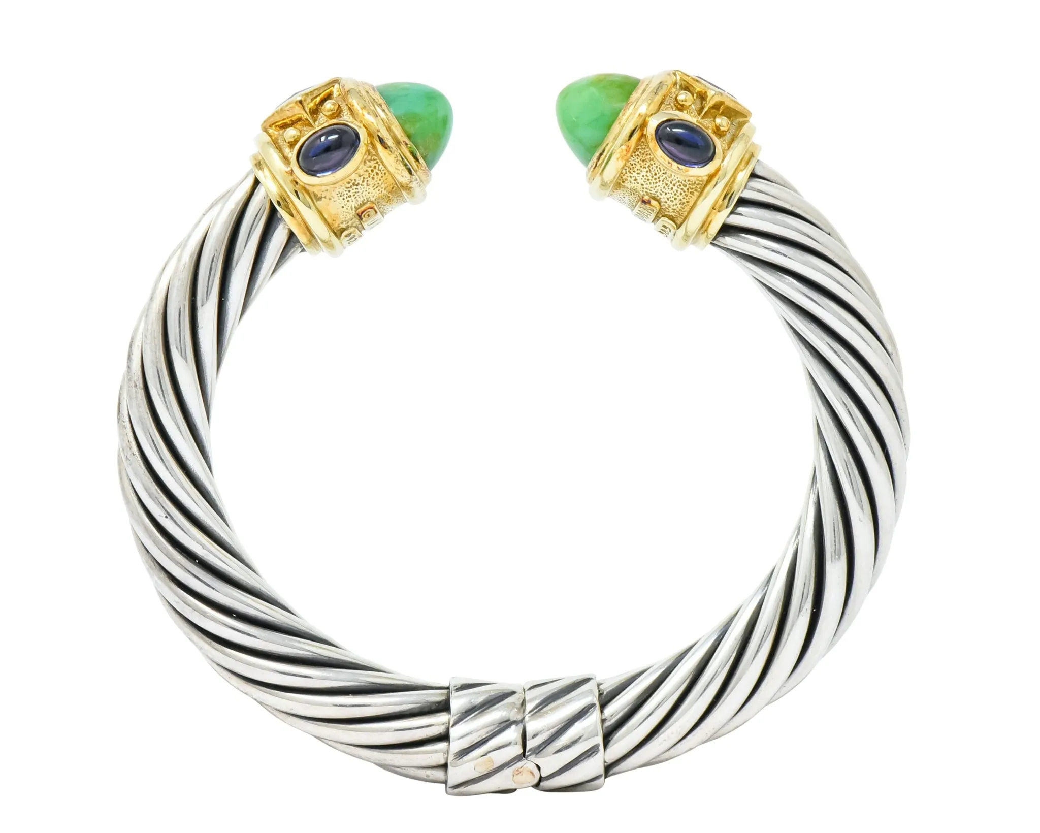 David Yurman Chrysoprase Iolite Garnet 14 Karat Gold Sterling Silver Renaissance Cuff Bracelet