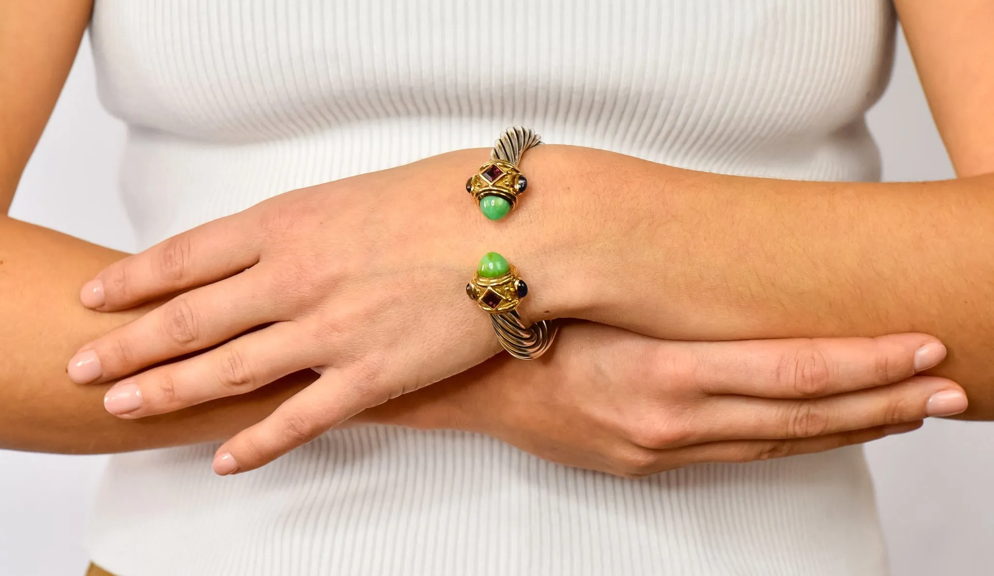 David Yurman Chrysoprase Iolite Garnet 14 Karat Gold Sterling Silver Renaissance Cuff Bracelet