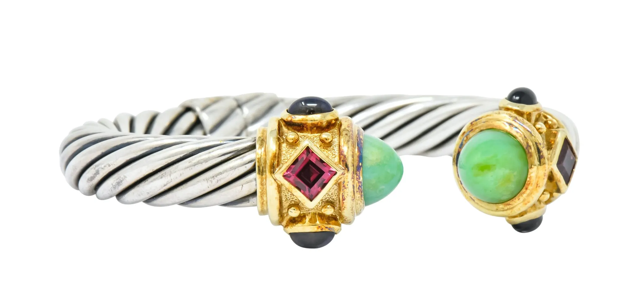 David Yurman Chrysoprase Iolite Garnet 14 Karat Gold Sterling Silver Renaissance Cuff Bracelet