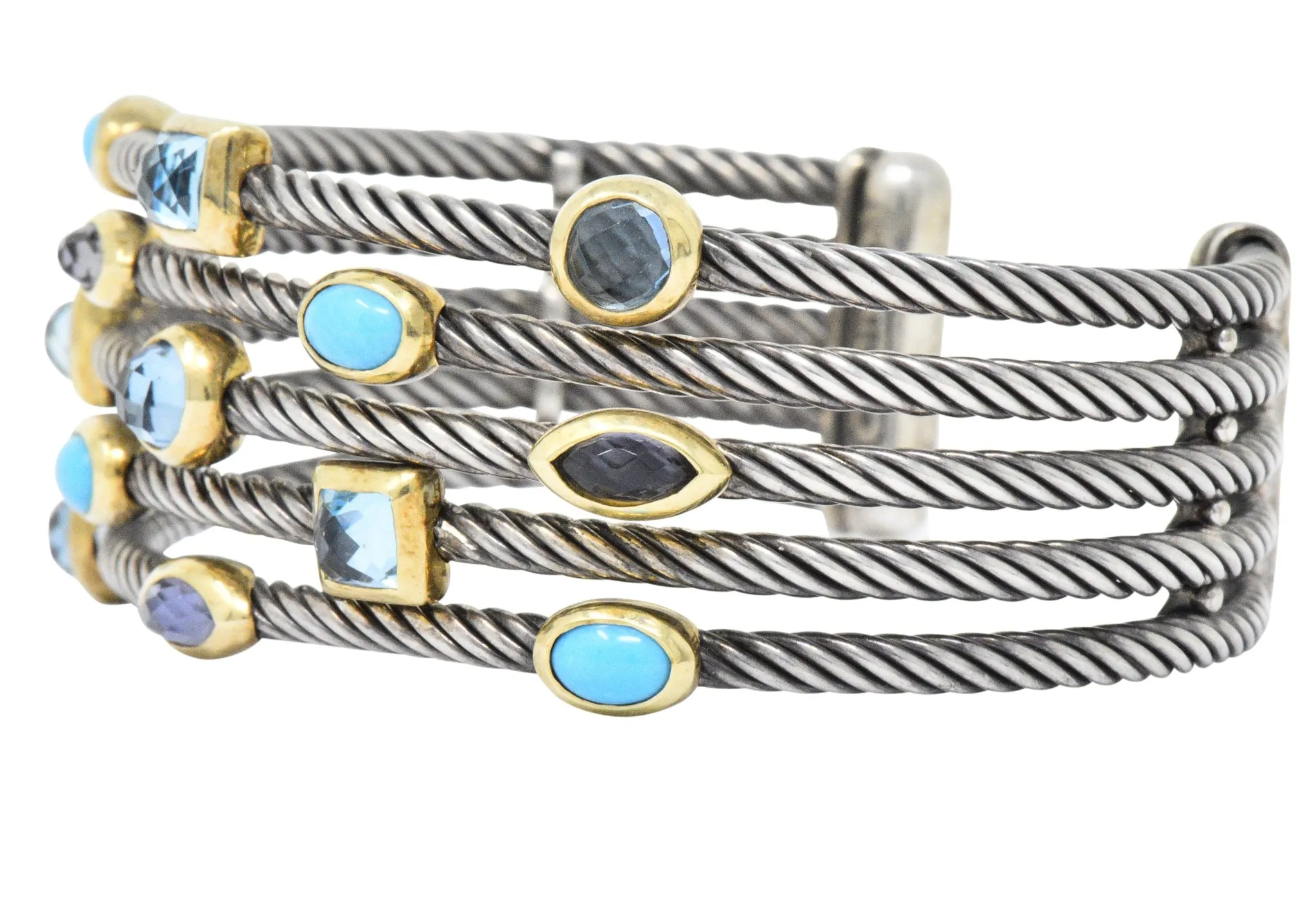 David Yurman Turquoise Blue Topaz Iolite Sterling Silver 18 Karat Gold Confetti Cuff Bracelet