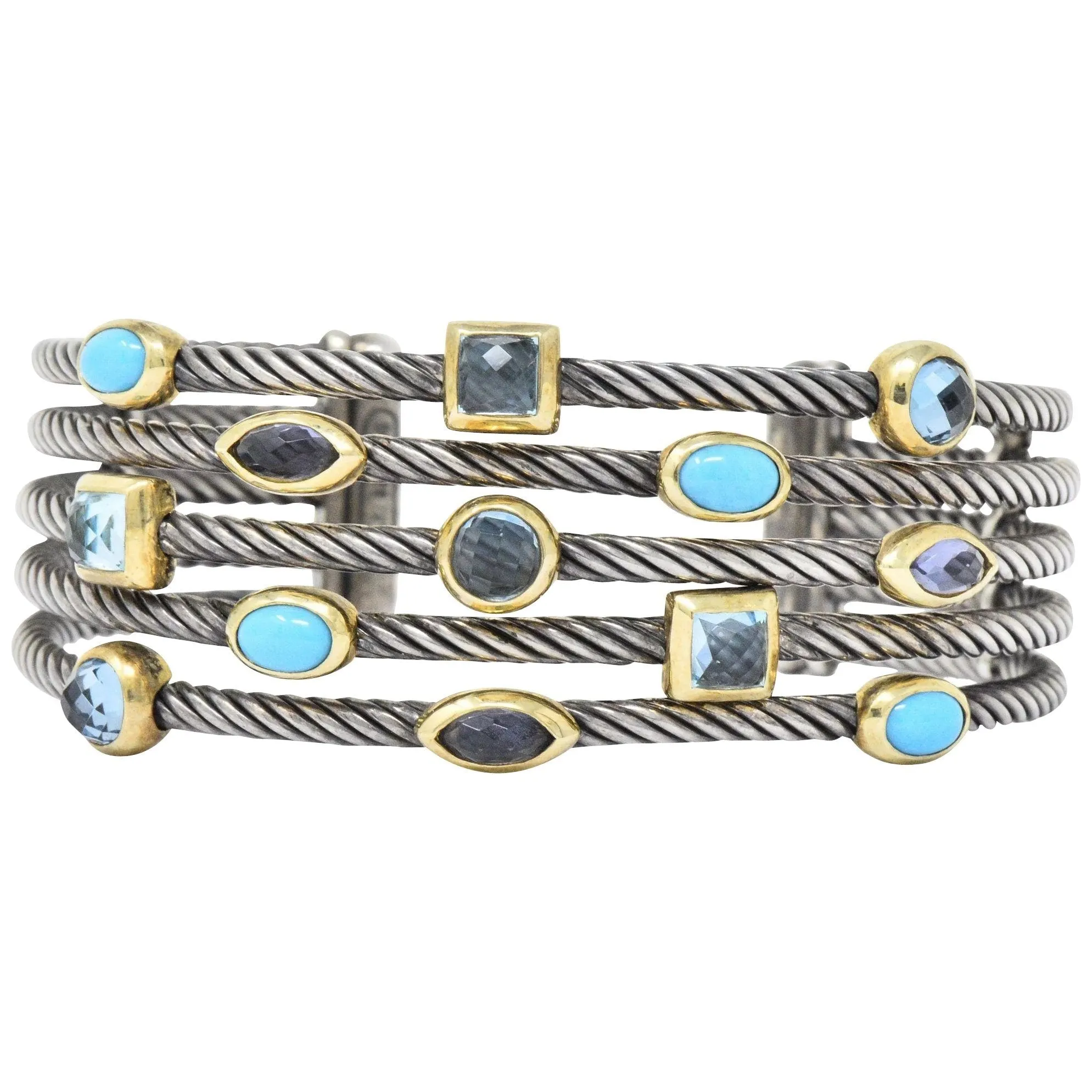 David Yurman Turquoise Blue Topaz Iolite Sterling Silver 18 Karat Gold Confetti Cuff Bracelet
