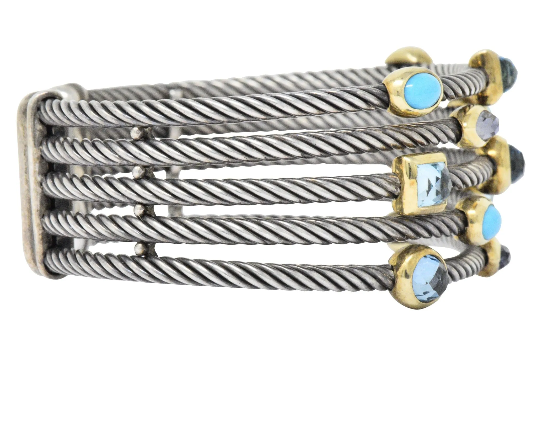 David Yurman Turquoise Blue Topaz Iolite Sterling Silver 18 Karat Gold Confetti Cuff Bracelet