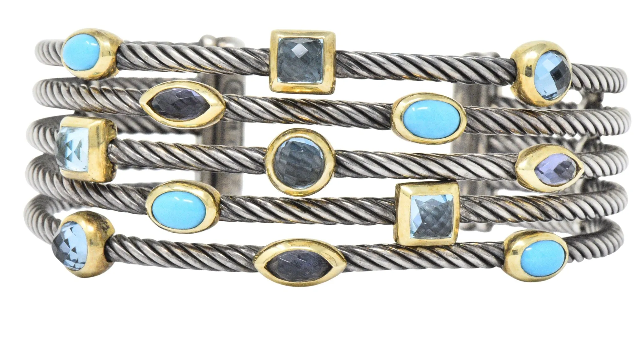 David Yurman Turquoise Blue Topaz Iolite Sterling Silver 18 Karat Gold Confetti Cuff Bracelet