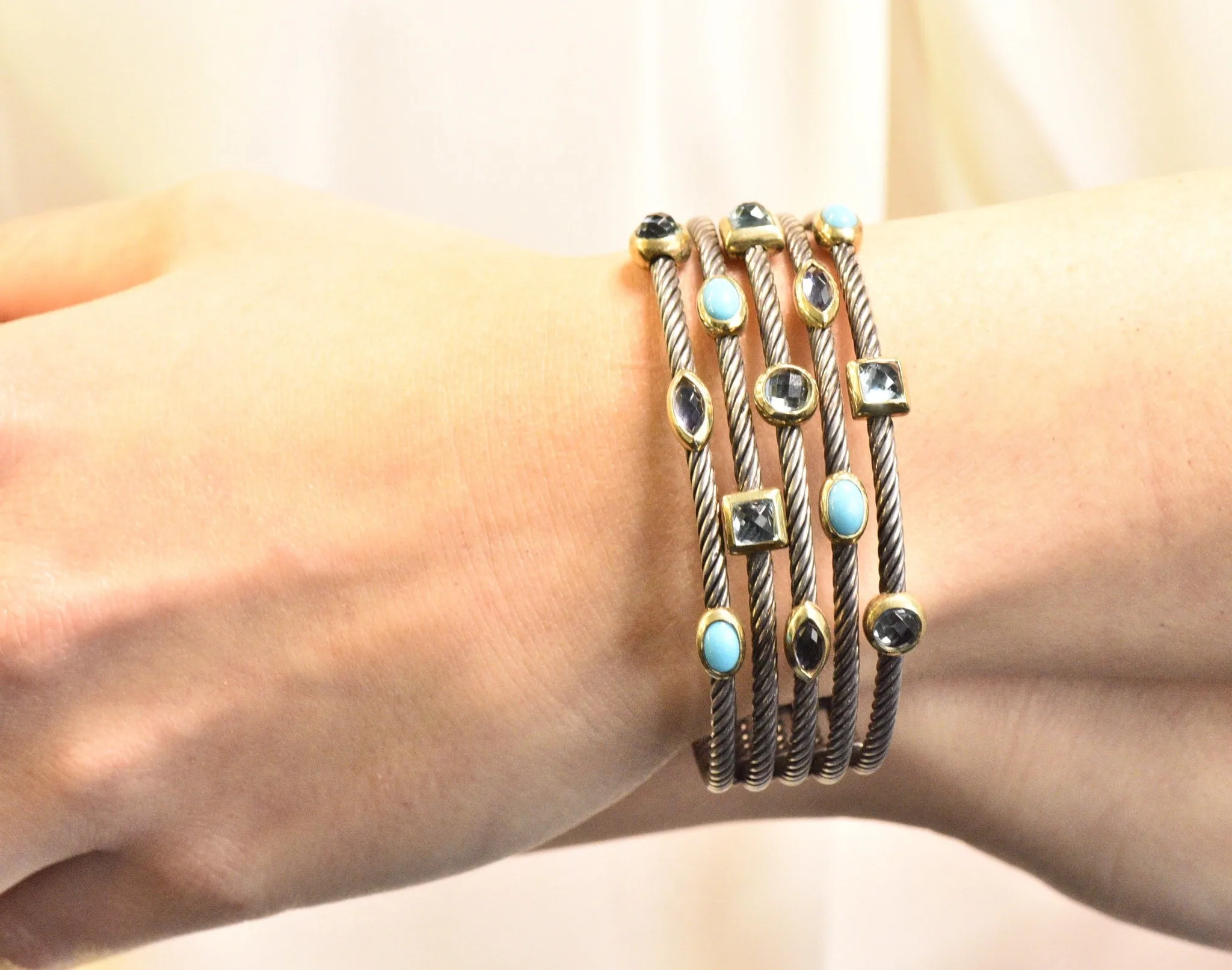 David Yurman Turquoise Blue Topaz Iolite Sterling Silver 18 Karat Gold Confetti Cuff Bracelet