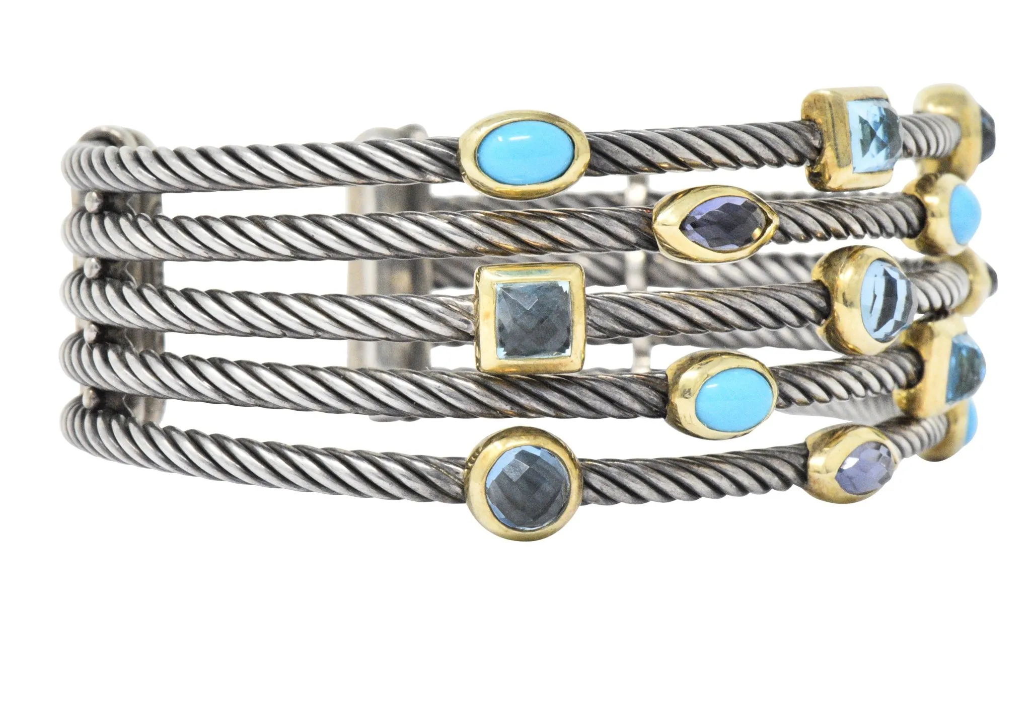 David Yurman Turquoise Blue Topaz Iolite Sterling Silver 18 Karat Gold Confetti Cuff Bracelet