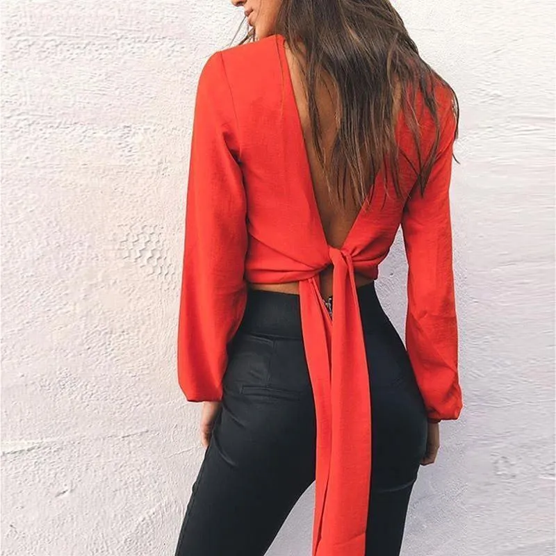 Deep V-Neck Backless Shirt