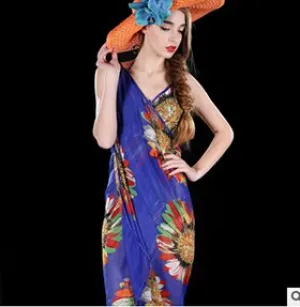 Deep V Wrap Chiffon Swimwear Bikini Cover Up  Strap   Flower  Sarong Beach Dress  Shawl  Scarf Free Shipping