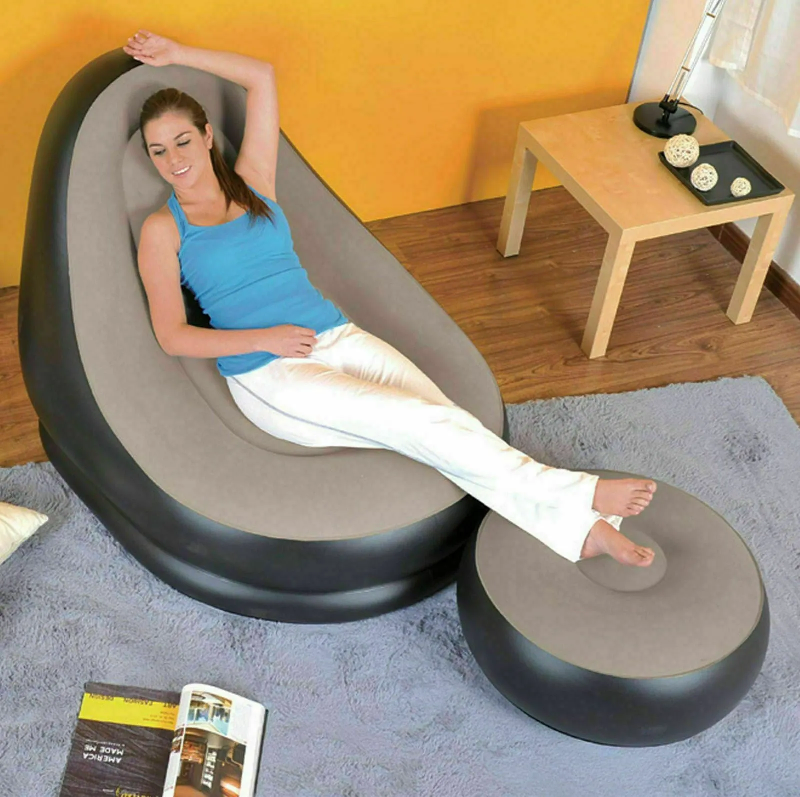 Deluxe Inflatable Chair Lounge Chair with Ottoman Stool