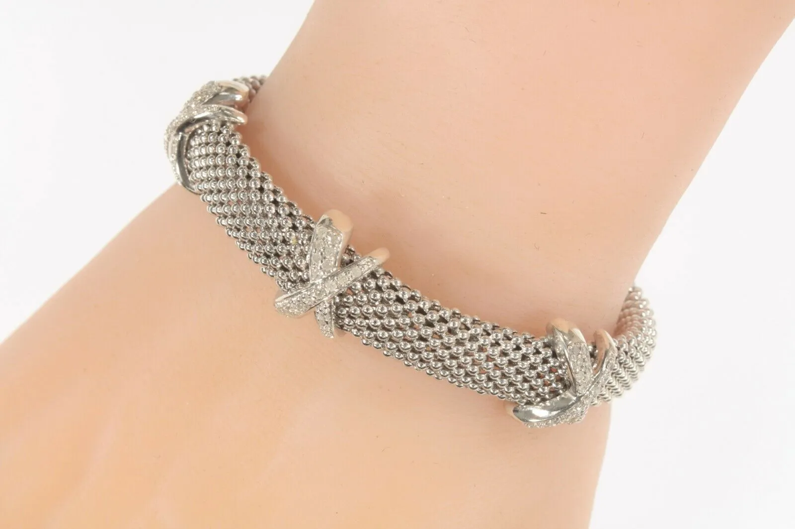 Diamond X Mesh Sterling Silver Cuff Bracelet Italian Made
