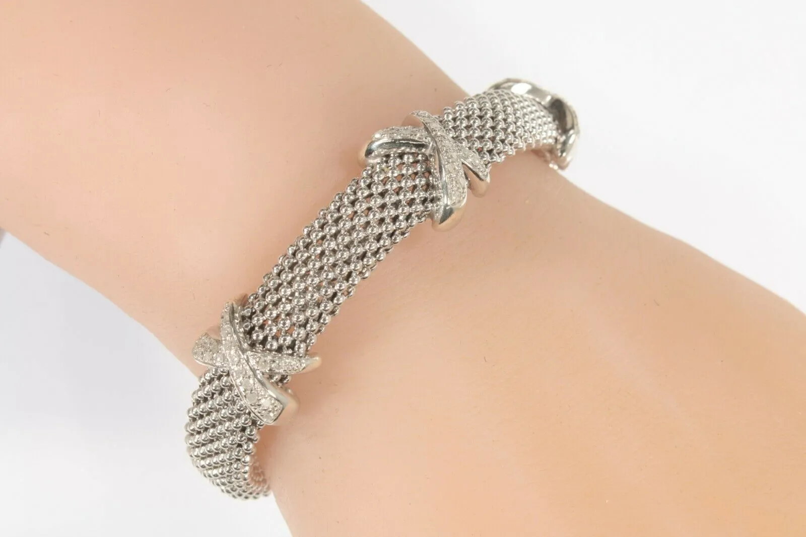 Diamond X Mesh Sterling Silver Cuff Bracelet Italian Made