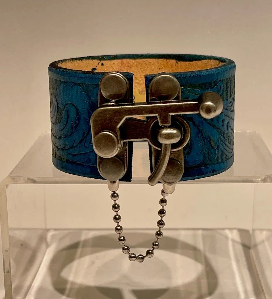 Distressed Blue Leather Cuff with Silver Closure MMC1