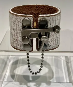 Distressed White Leather Cuff with Silver Closure MMC12