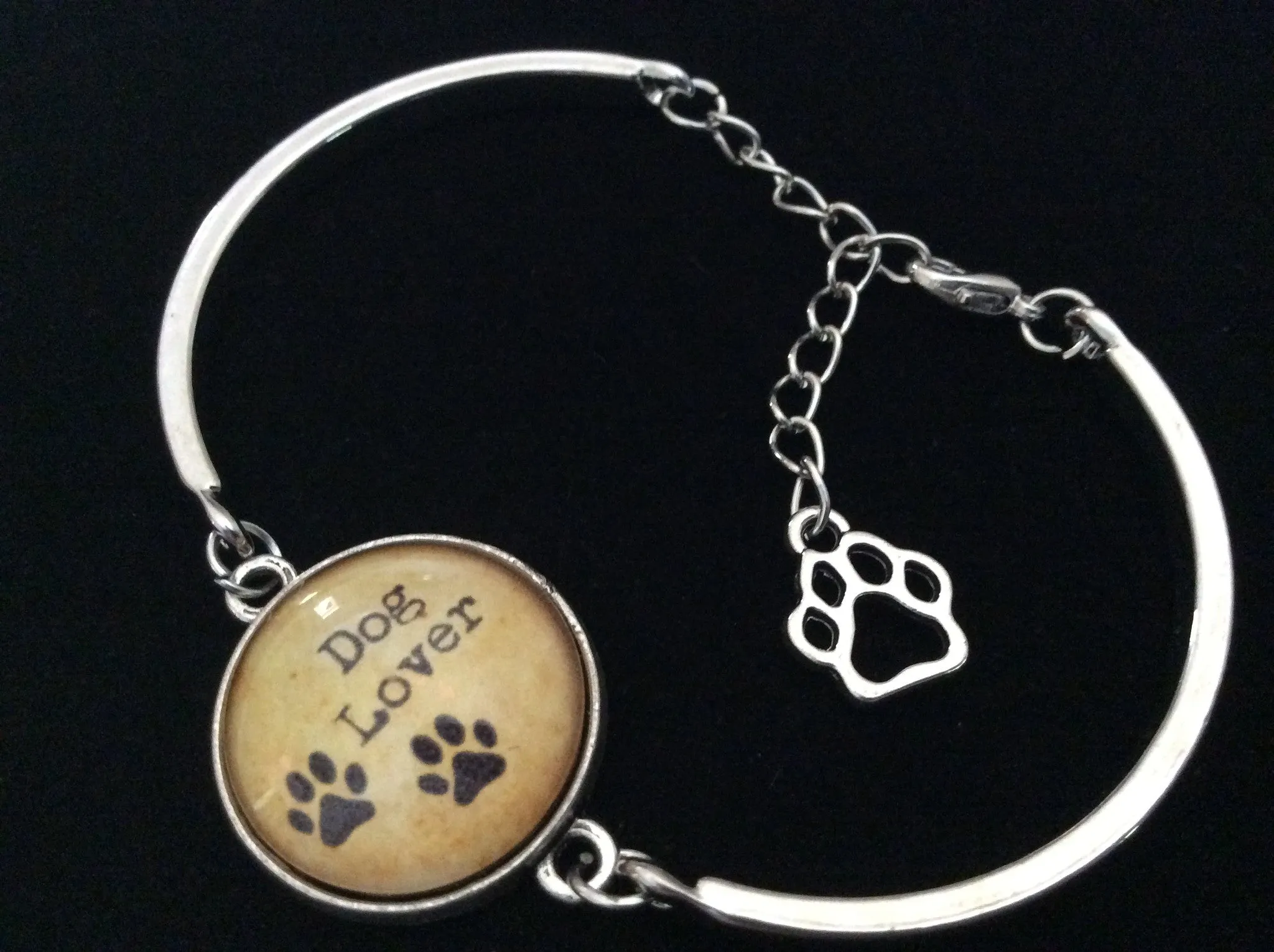 Dog Lover with Paw Prints Glass Domed Charm on a Silver Adjustable Cuff Bracelet Trendy Bangle Gift Meaningful Animal