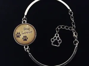 Dog Lover with Paw Prints Glass Domed Charm on a Silver Adjustable Cuff Bracelet Trendy Bangle Gift Meaningful Animal