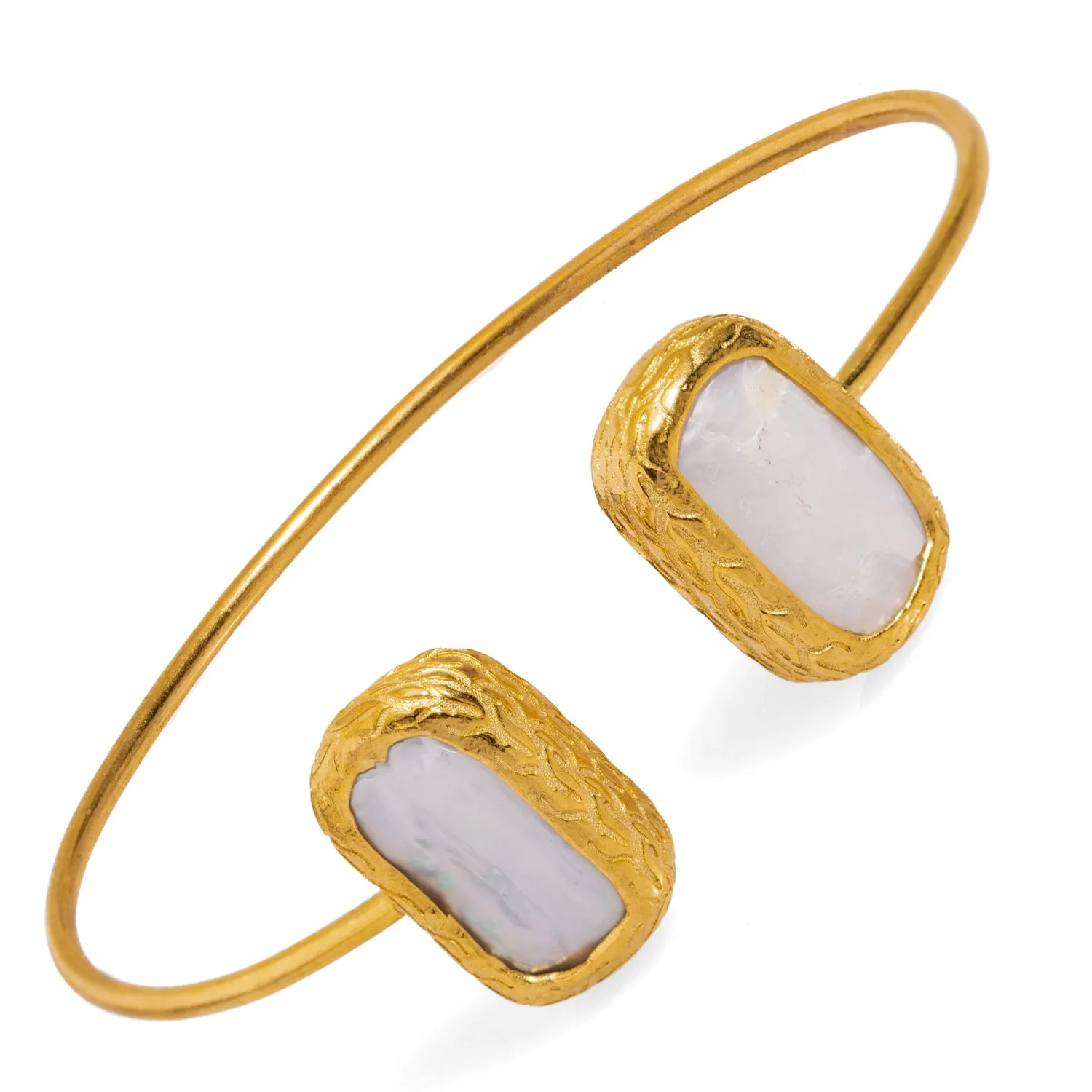 Double Pearl Stone Open Cuff Bangle Gold Bracelet