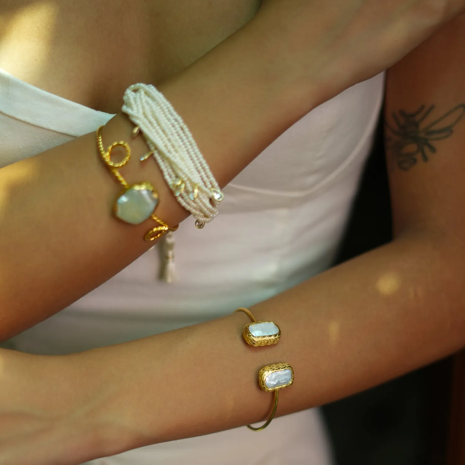 Double Pearl Stone Open Cuff Bangle Gold Bracelet