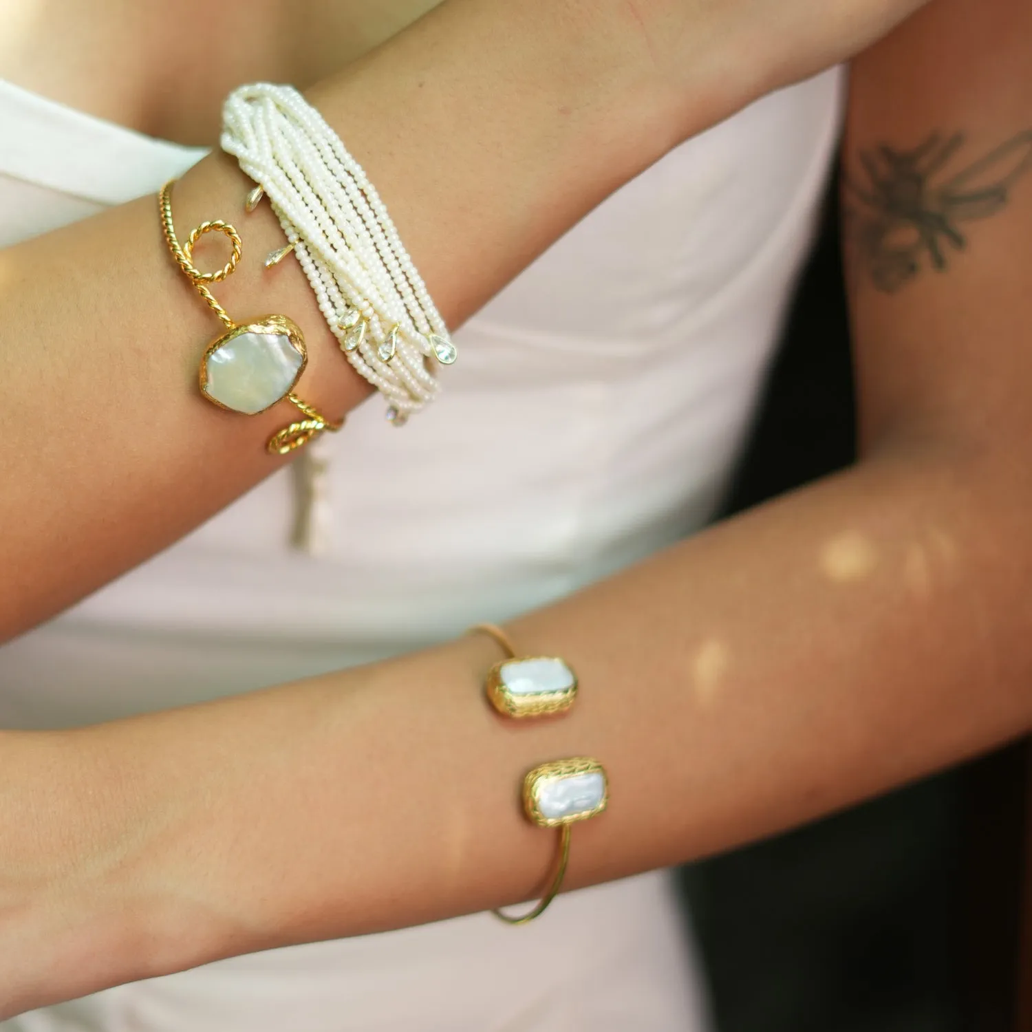 Double Pearl Stone Open Cuff Bangle Gold Bracelet