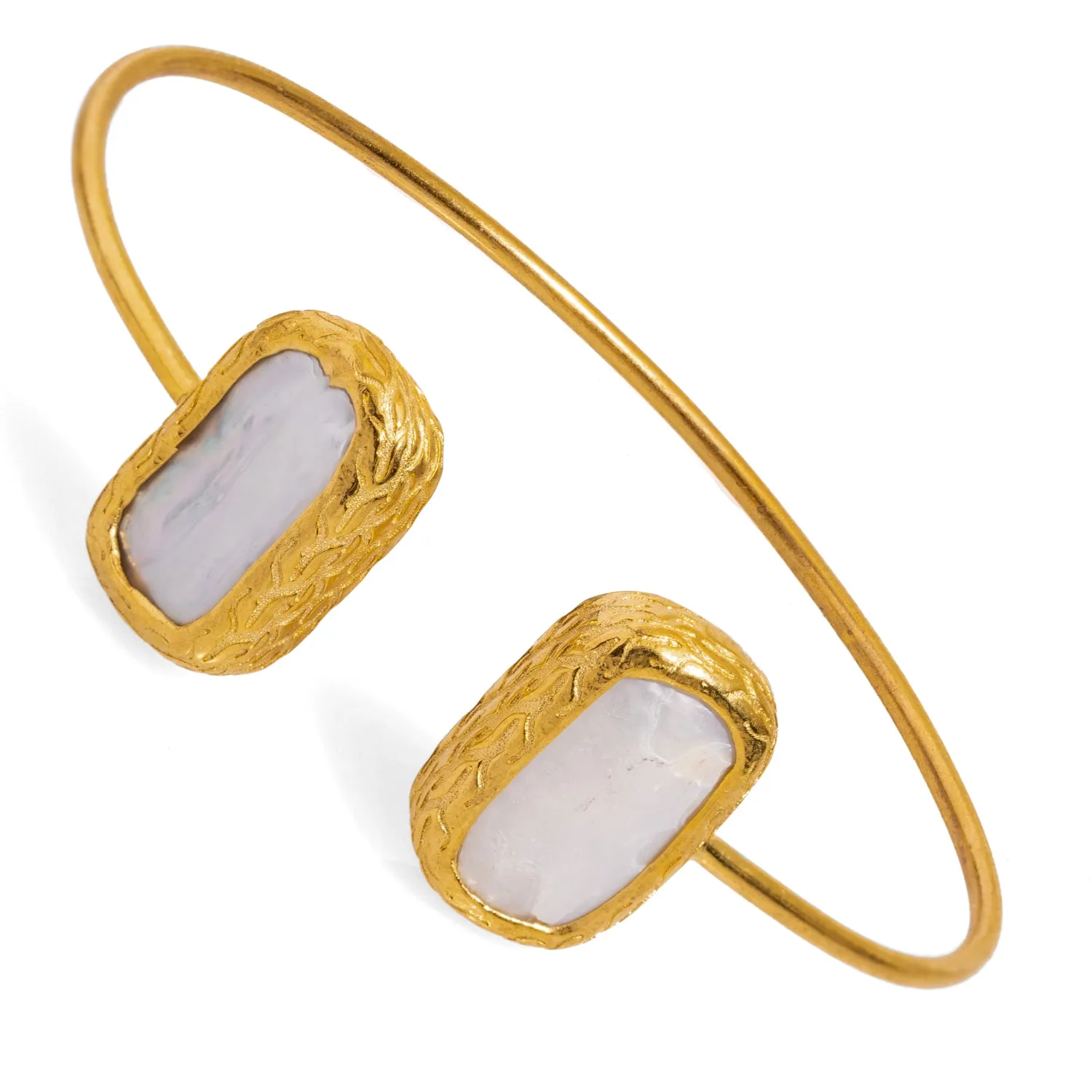 Double Pearl Stone Open Cuff Bangle Gold Bracelet