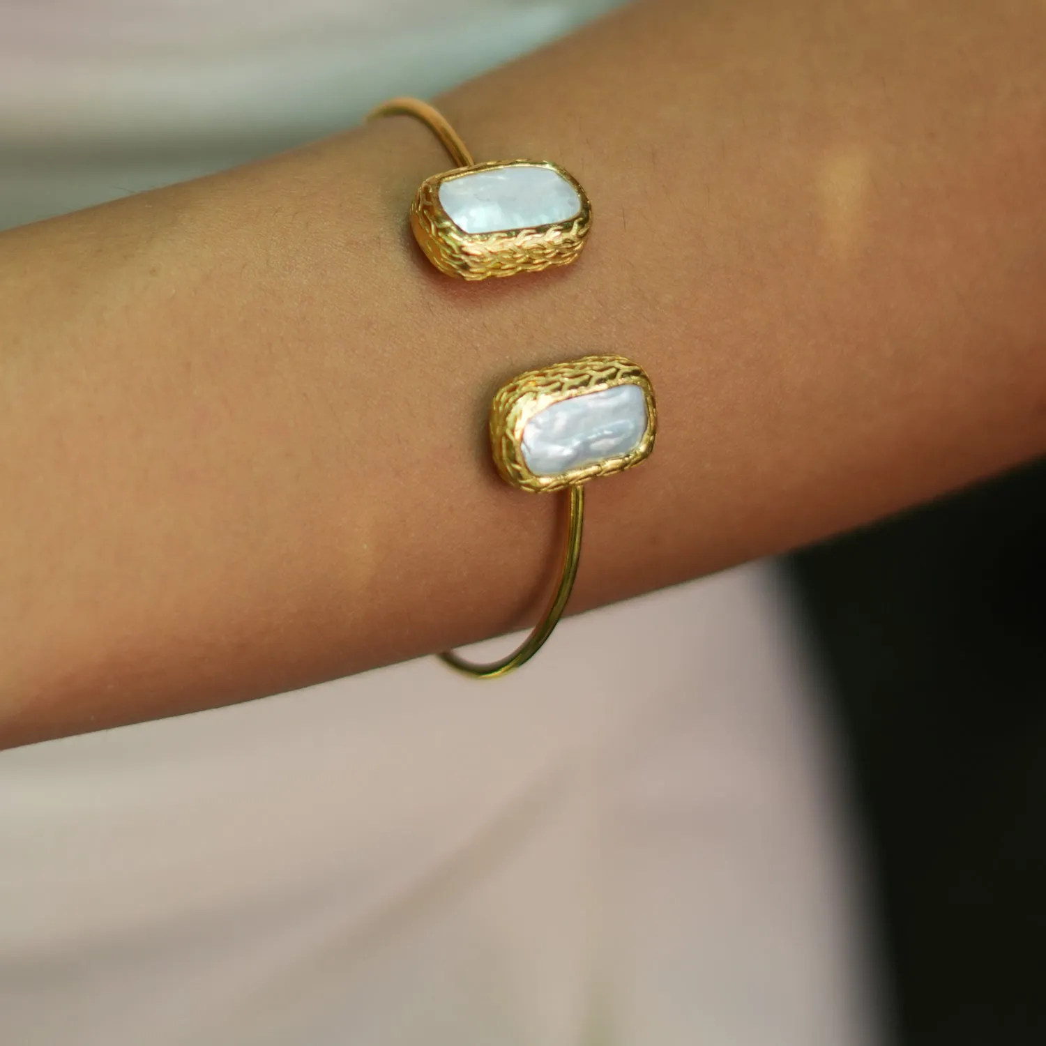 Double Pearl Stone Open Cuff Bangle Gold Bracelet